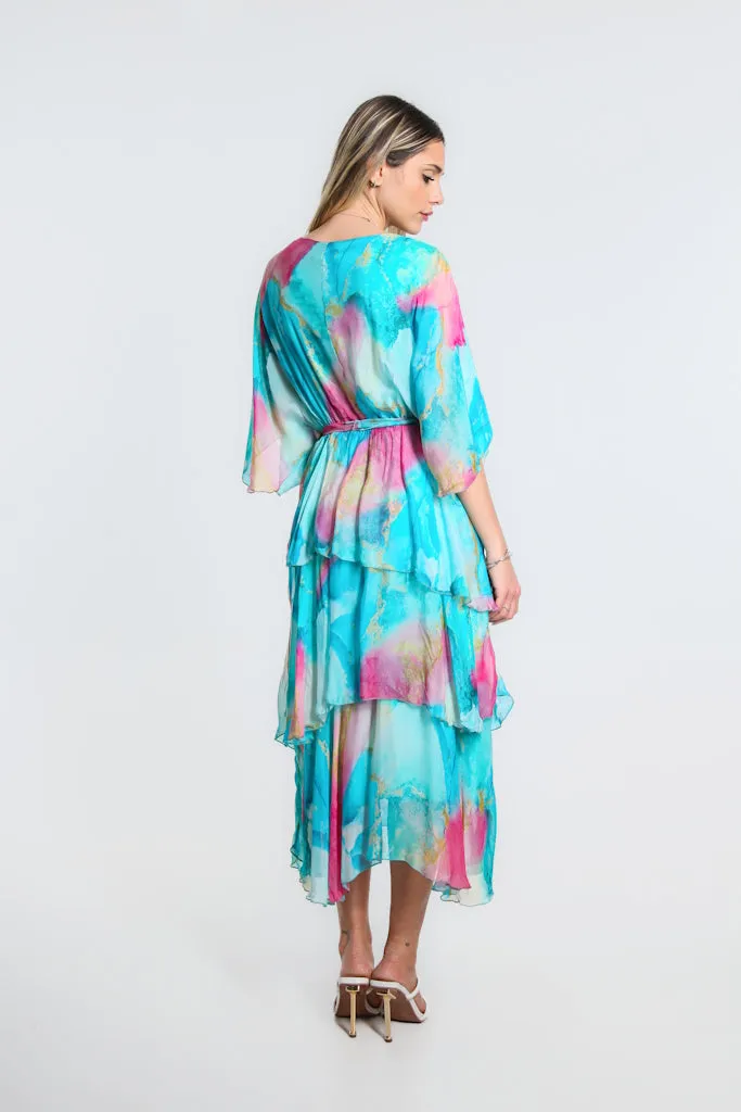 Dawn Abstract Watercolor Cross Front Silk Ruffle Dress (DLS202W)