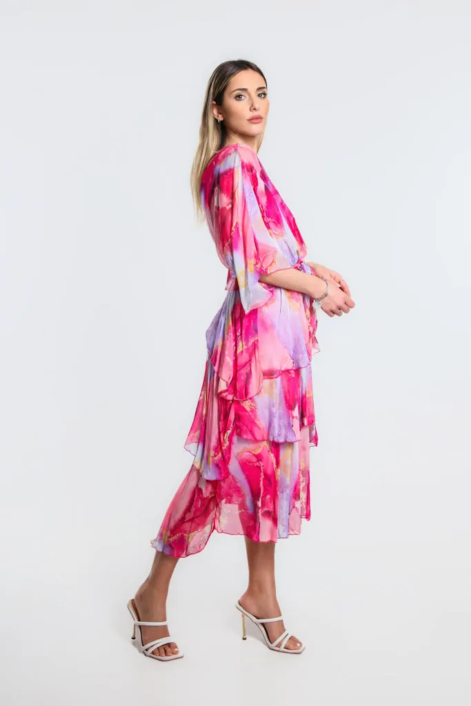 Dawn Abstract Watercolor Cross Front Silk Ruffle Dress (DLS202W)