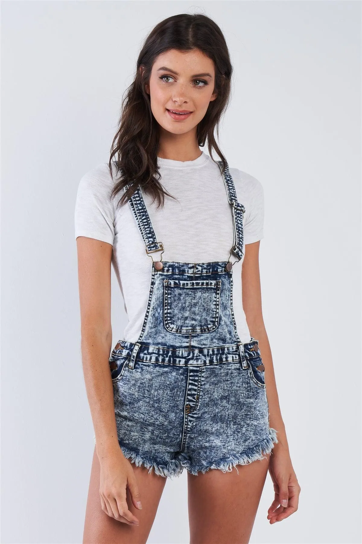 Denim Acid Washed Fringed Mini Short Overall /2-2-2