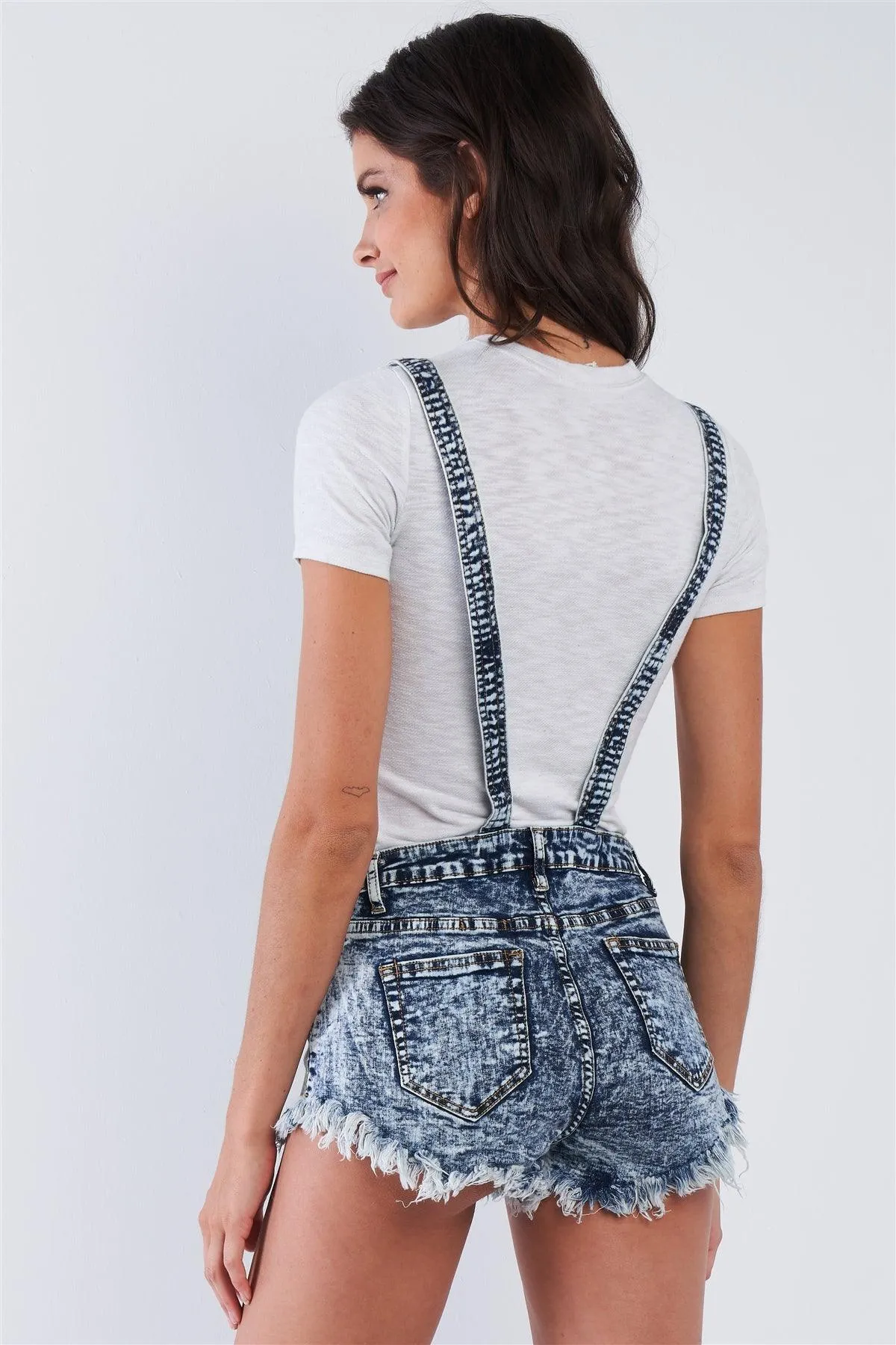 Denim Acid Washed Fringed Mini Short Overall /2-2-2