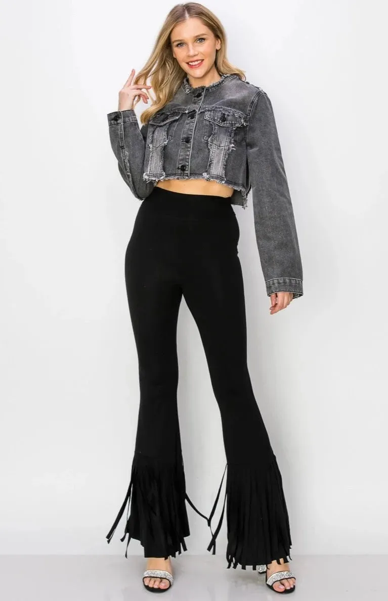 Distressed Frayed Cropped Denim Jacket - Black