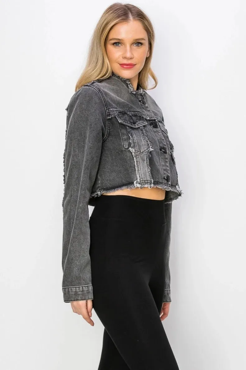 Distressed Frayed Cropped Denim Jacket - Black