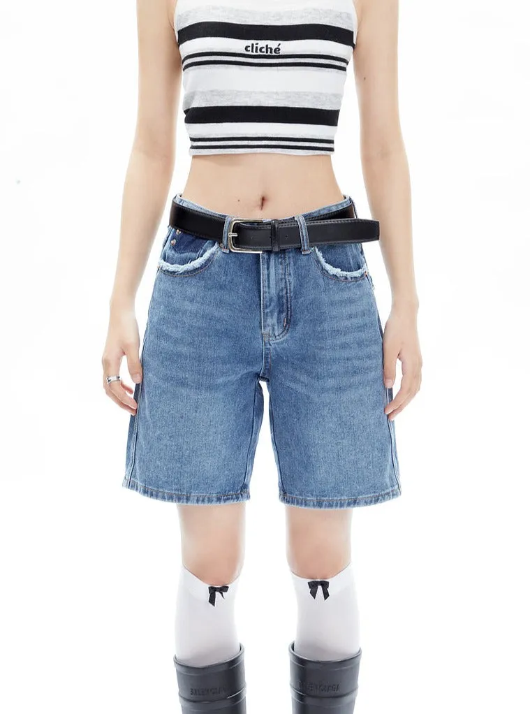 Distressed High-Waist Denim Bermuda Shorts