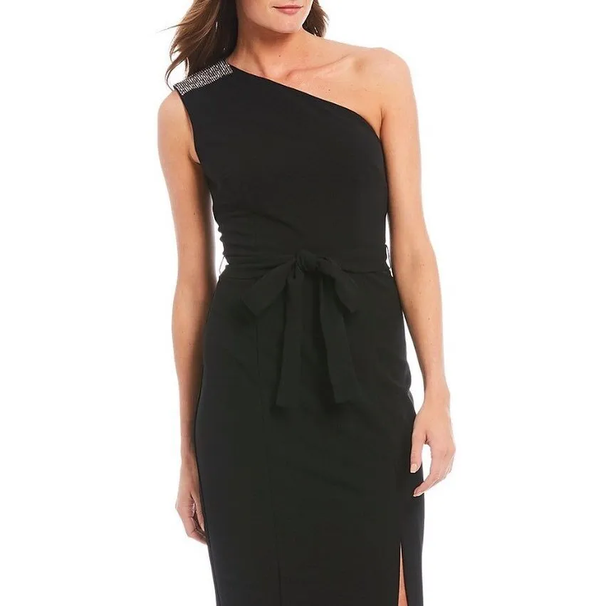 Donna Morgan One Shoulder Detail Front Slit Tie Waist Stretch Crepe Dress