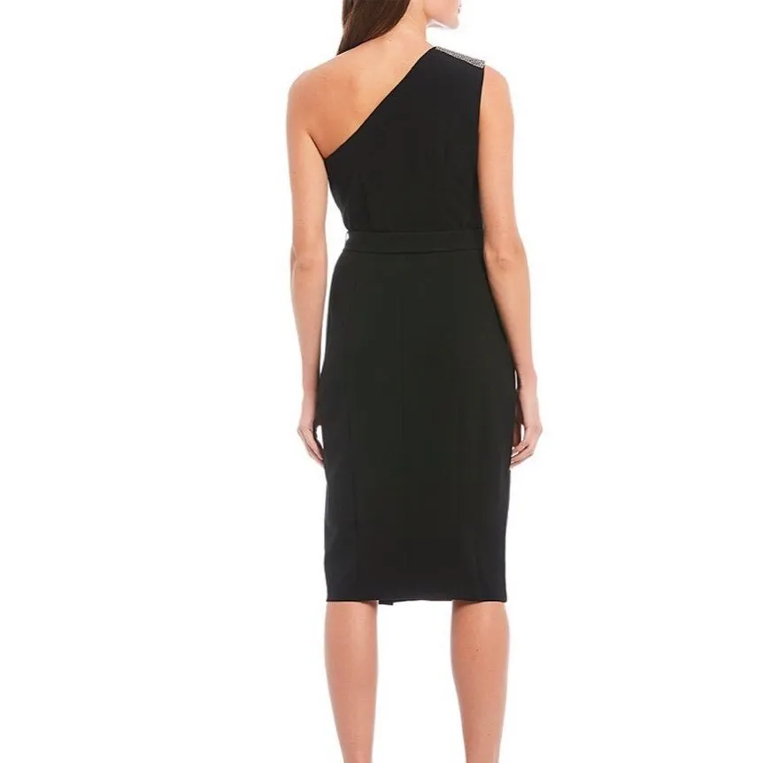 Donna Morgan One Shoulder Detail Front Slit Tie Waist Stretch Crepe Dress