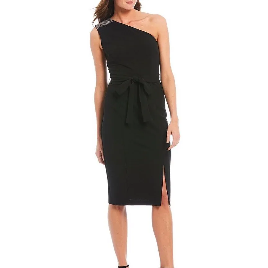 Donna Morgan One Shoulder Detail Front Slit Tie Waist Stretch Crepe Dress