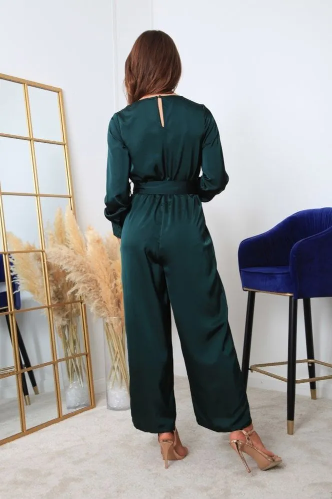 Double Second Bottle Green Lux Satin Wrap Jumpsuit