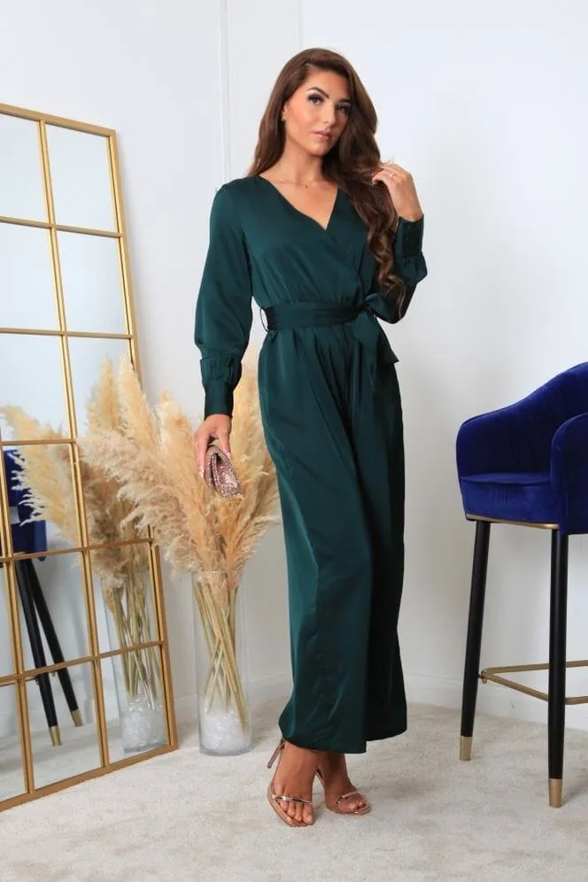 Double Second Bottle Green Lux Satin Wrap Jumpsuit