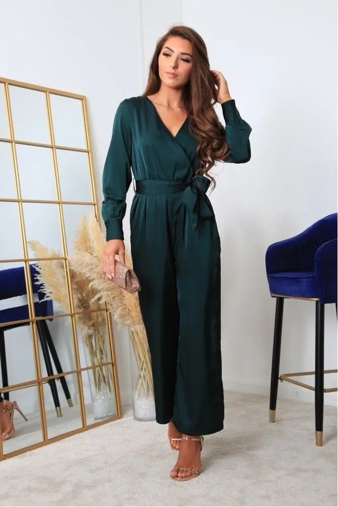 Double Second Bottle Green Lux Satin Wrap Jumpsuit