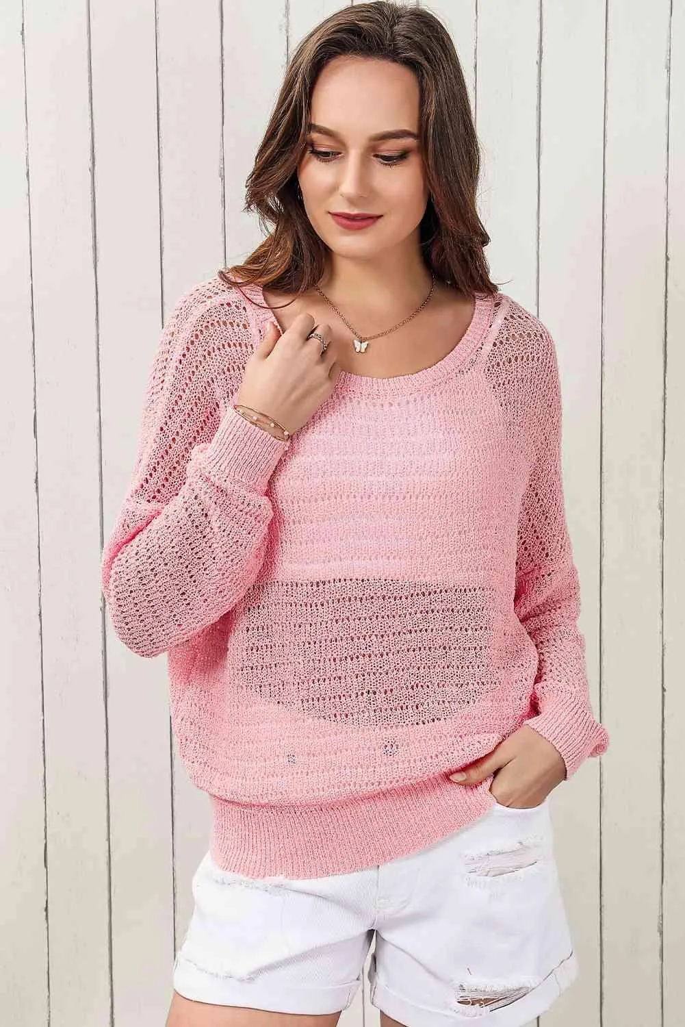 Double Take Openwork Round Neck Dropped Shoulder Knit Top