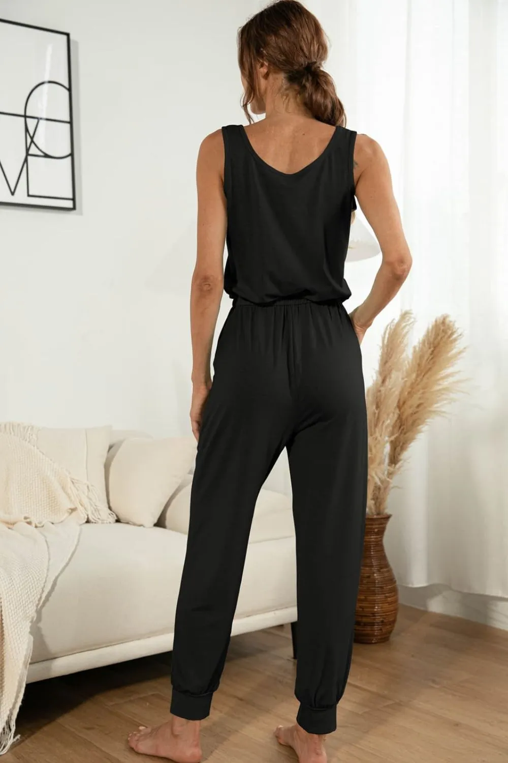 Drawstring Waist Round Neck Jogger Jumpsuit