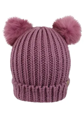 Dusty Pink Knit Beanie Cap Hat With Pigtail Pom Poms