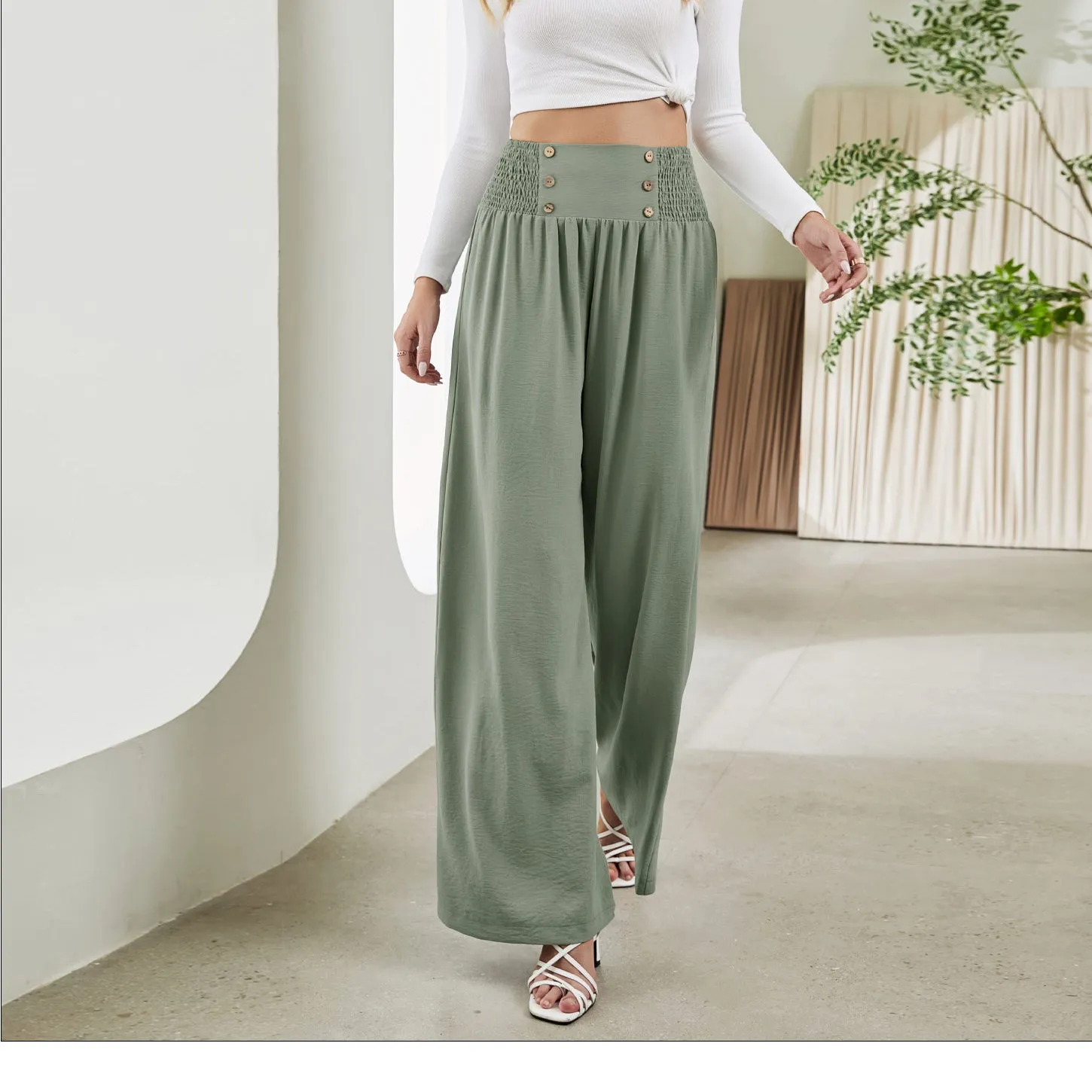 Fashion Elastic High Waist Wide Leg Trousers Wholesale Women Pants