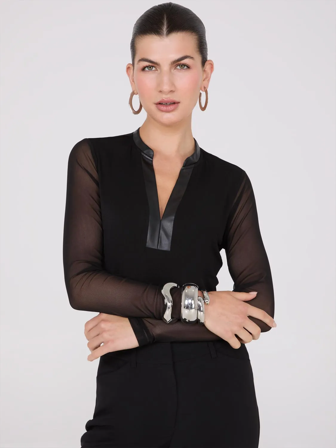 Faux Leather Collared Top With Mesh Sleeves