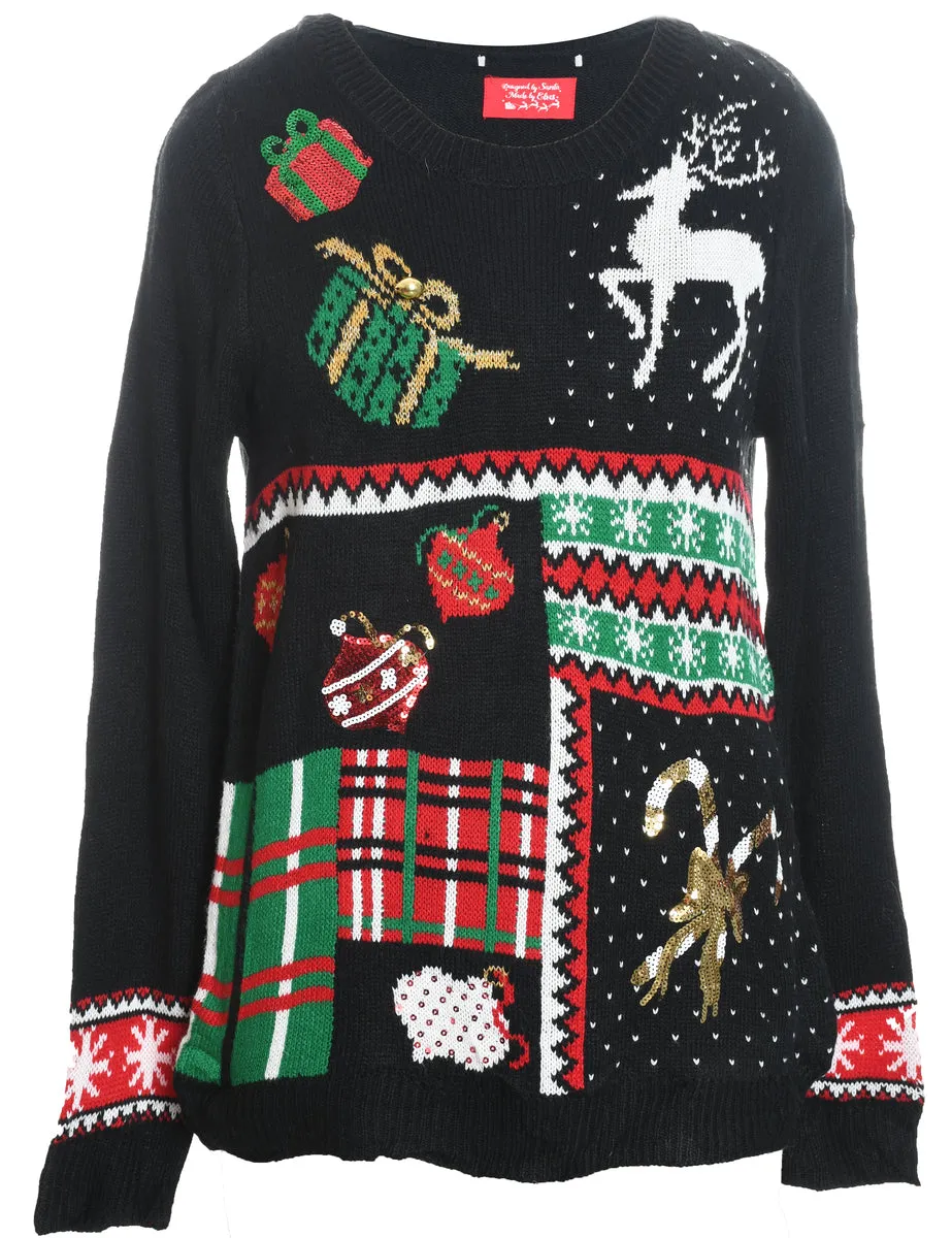 Festive Season Black Classic Knit Christmas Jumper - M