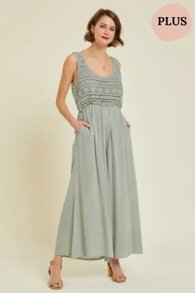 Final Sale - CROCHET-TRIMMED GAUZE JUMPSUIT in Dusty Sage (PLUS/EXTENDED SIZES/1XL-3XL)