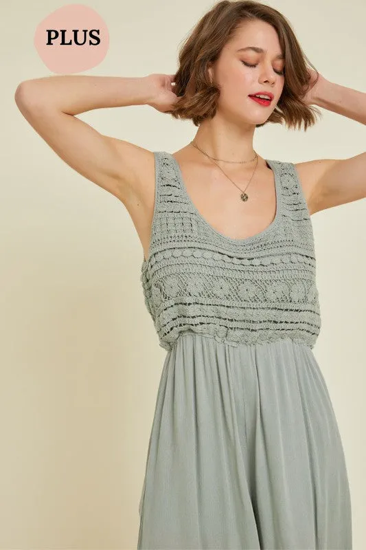 Final Sale - CROCHET-TRIMMED GAUZE JUMPSUIT in Dusty Sage (PLUS/EXTENDED SIZES/1XL-3XL)