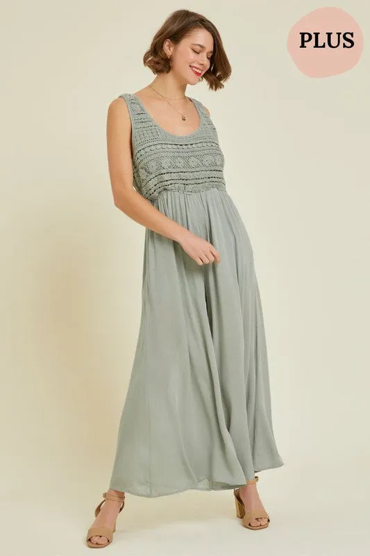 Final Sale - CROCHET-TRIMMED GAUZE JUMPSUIT in Dusty Sage (PLUS/EXTENDED SIZES/1XL-3XL)