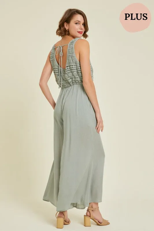 Final Sale - CROCHET-TRIMMED GAUZE JUMPSUIT in Dusty Sage (PLUS/EXTENDED SIZES/1XL-3XL)