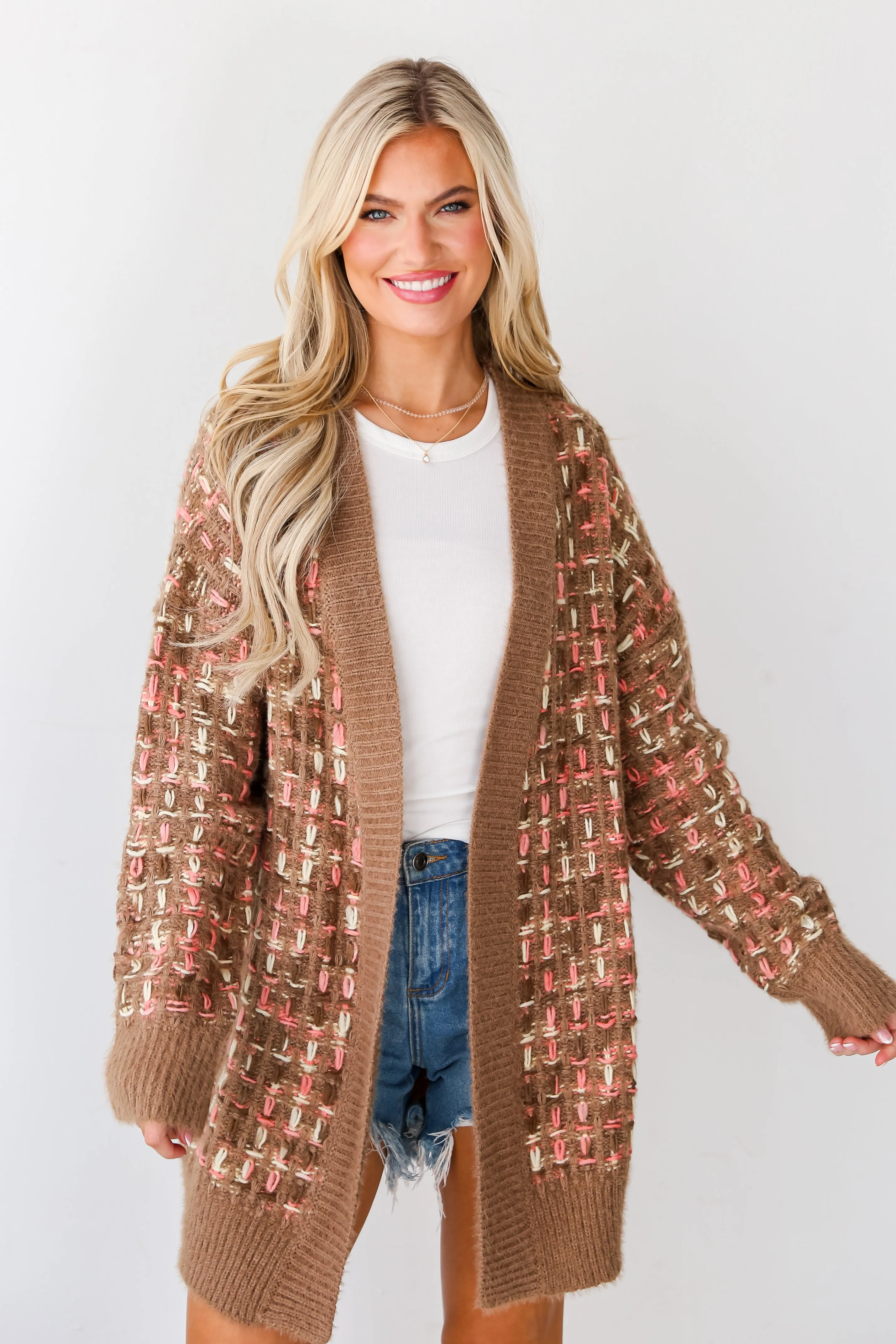 FINAL SALE - Cuddly Instinct Mocha Plaid Stitch Cardigan