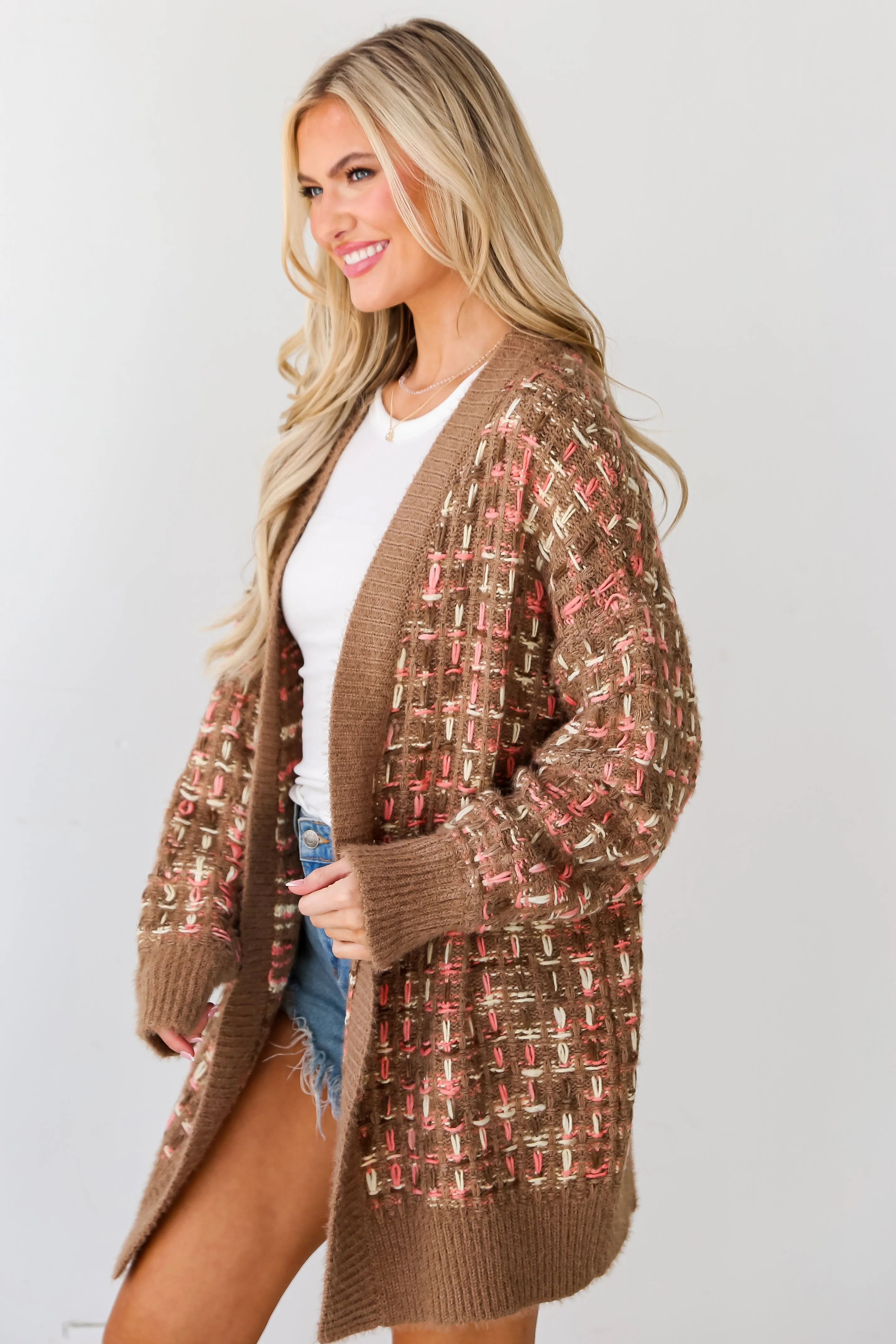 FINAL SALE - Cuddly Instinct Mocha Plaid Stitch Cardigan