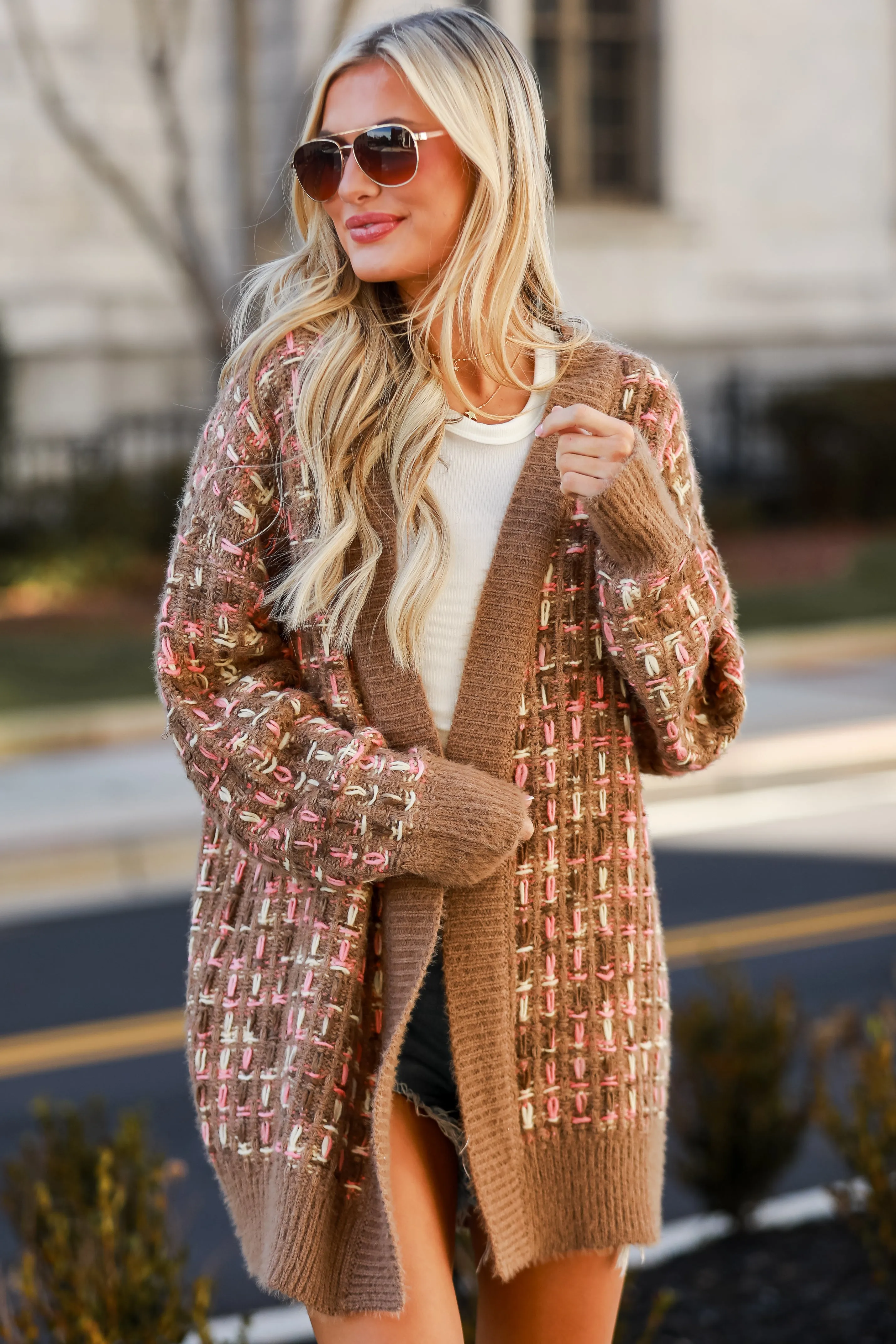 FINAL SALE - Cuddly Instinct Mocha Plaid Stitch Cardigan