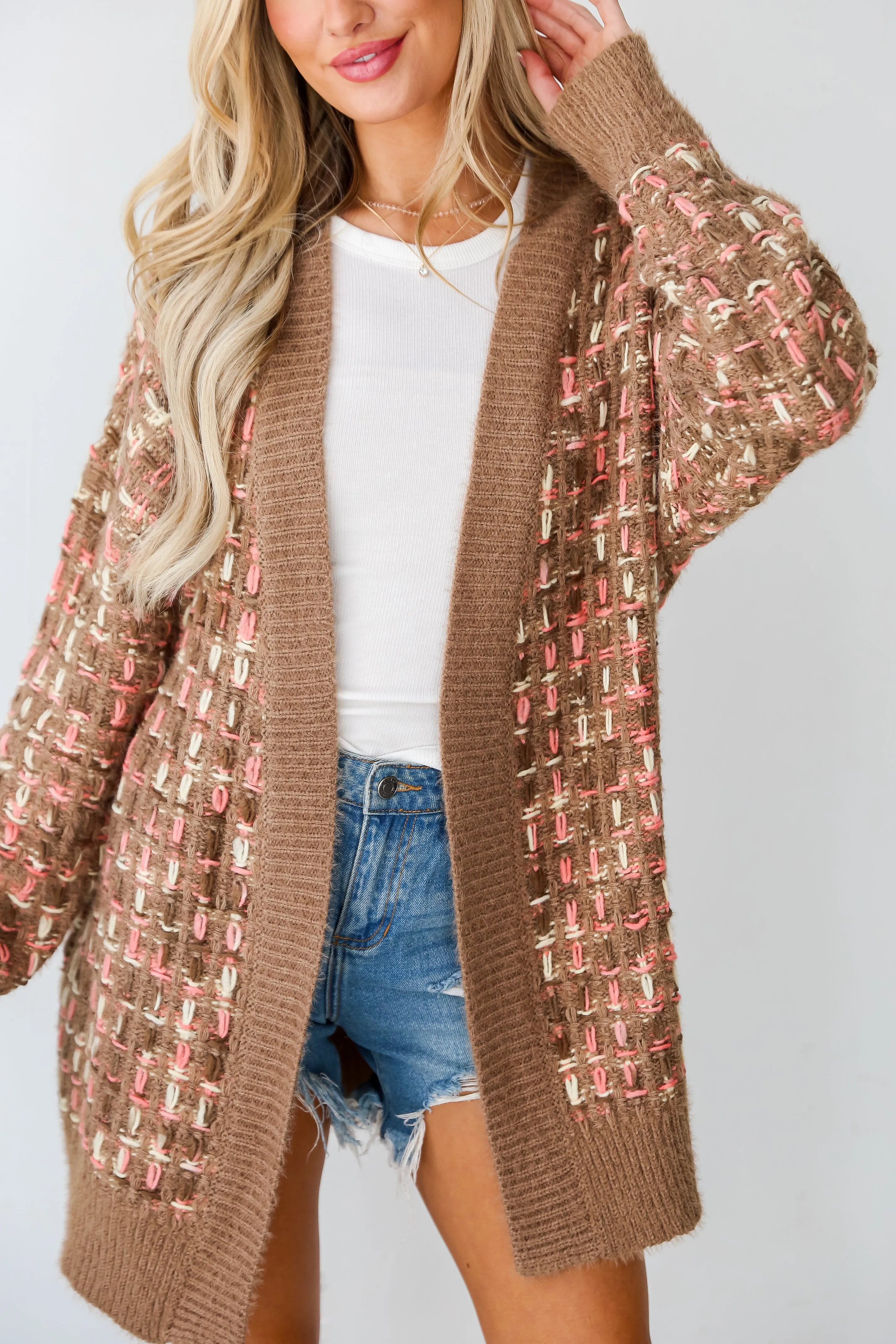 FINAL SALE - Cuddly Instinct Mocha Plaid Stitch Cardigan