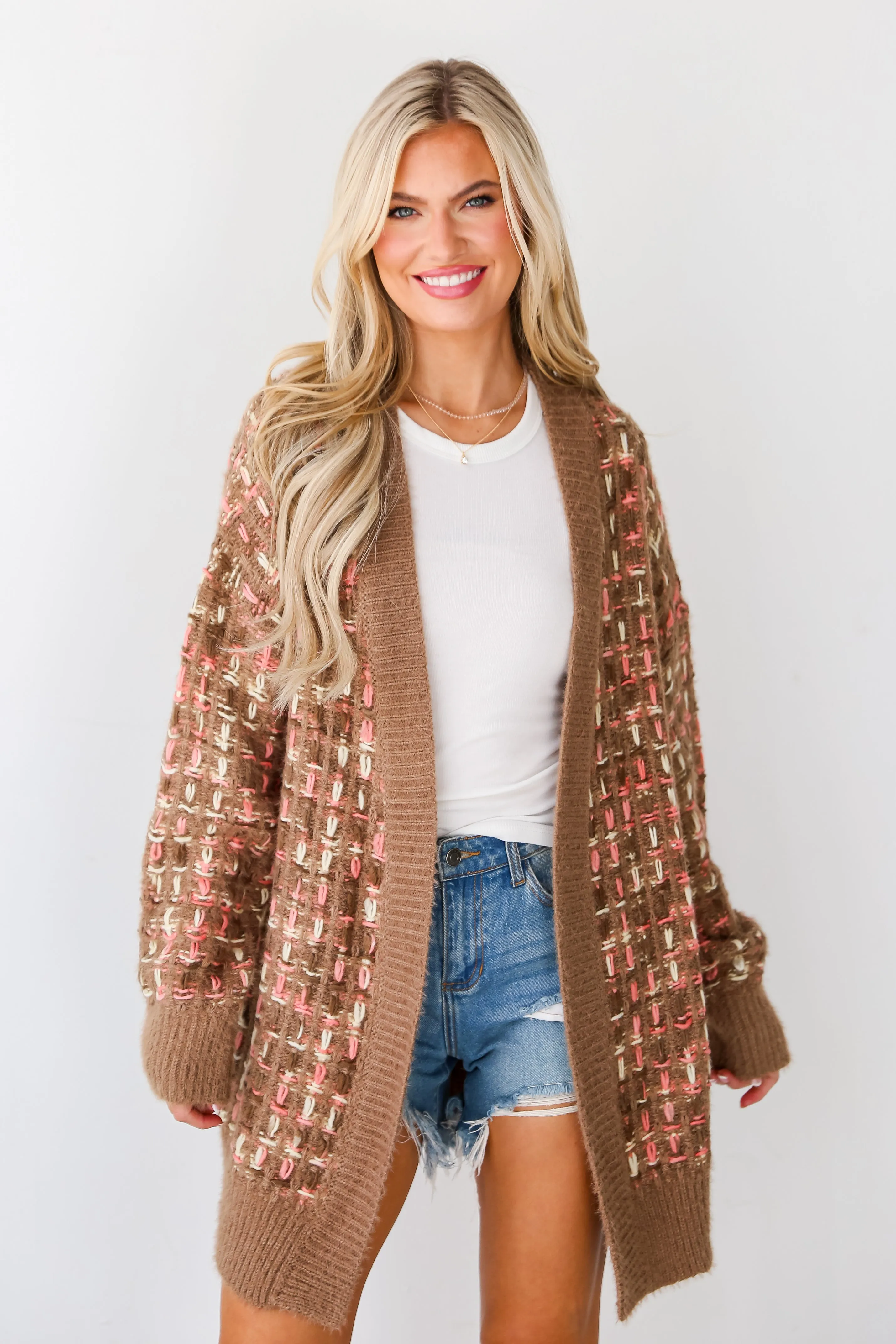 FINAL SALE - Cuddly Instinct Mocha Plaid Stitch Cardigan