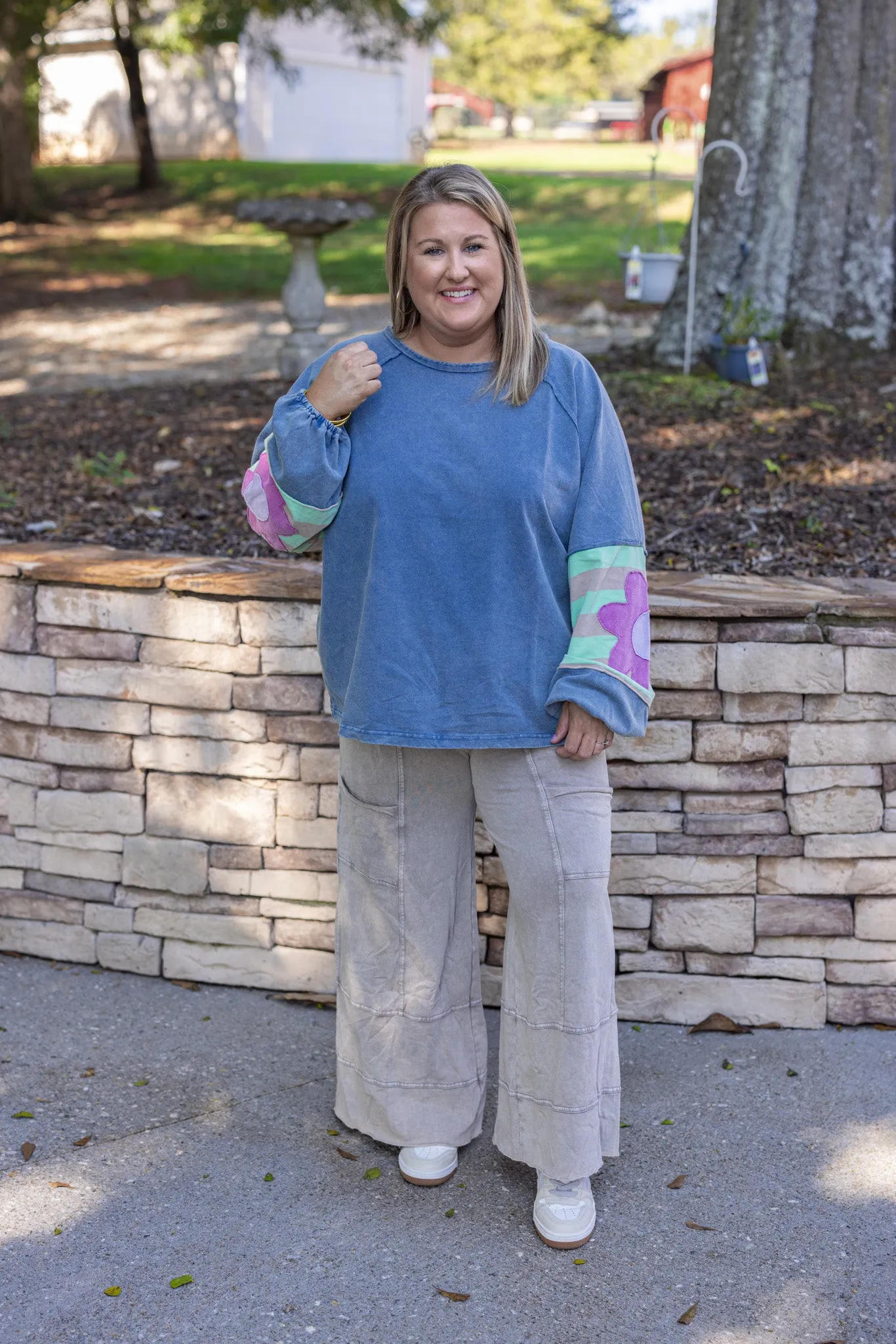 Flower Sleeve Washed Blue Top