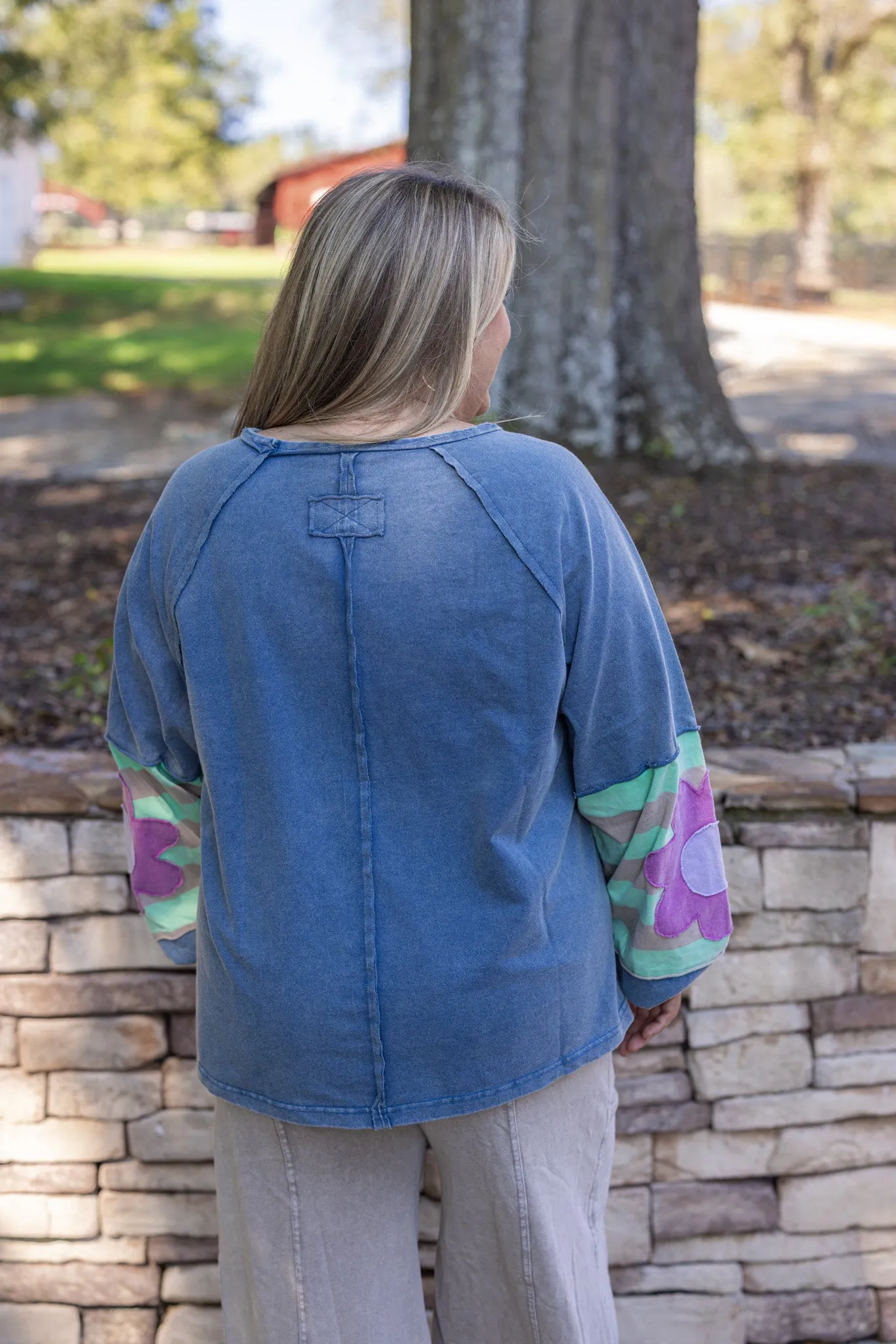 Flower Sleeve Washed Blue Top