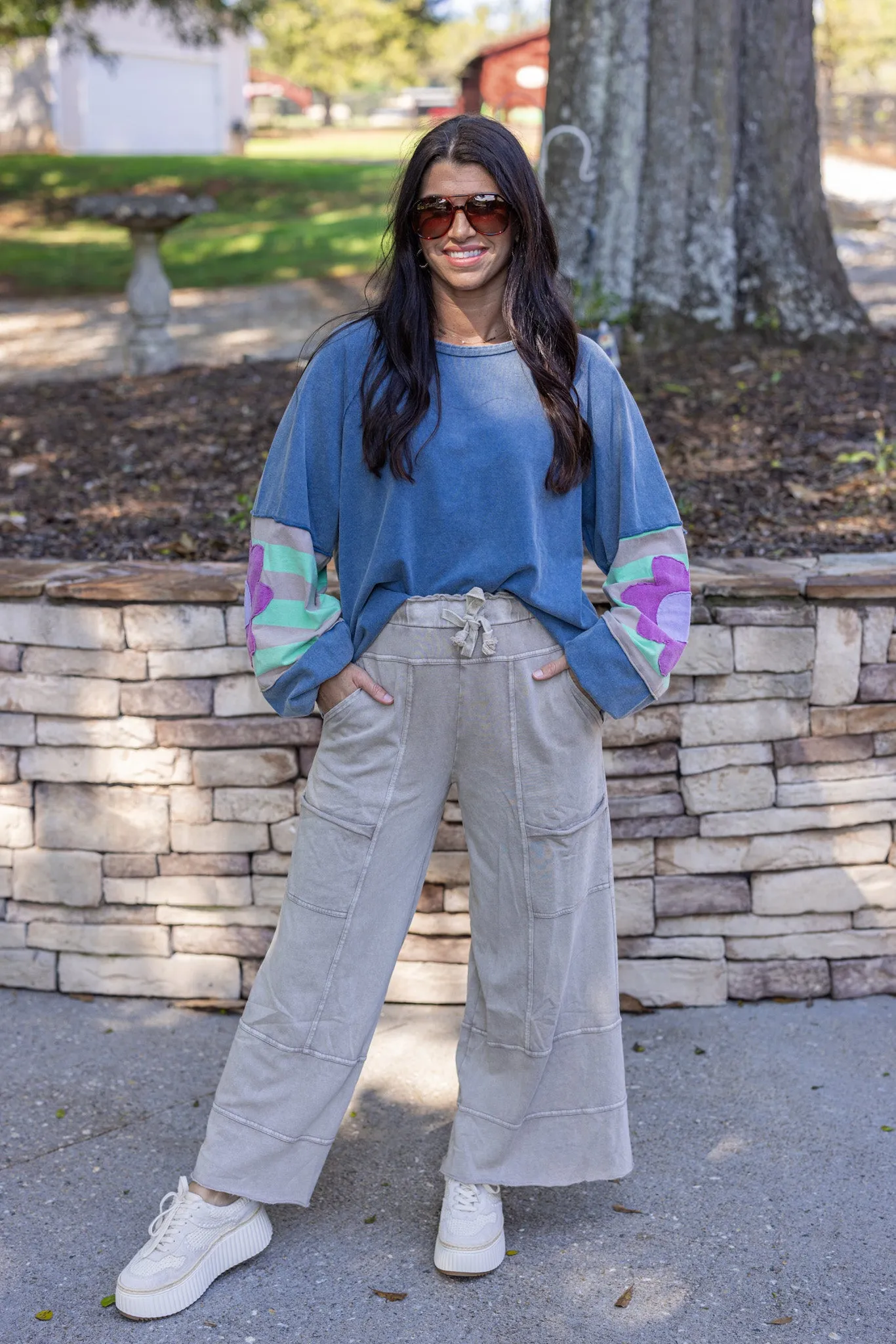 Flower Sleeve Washed Blue Top