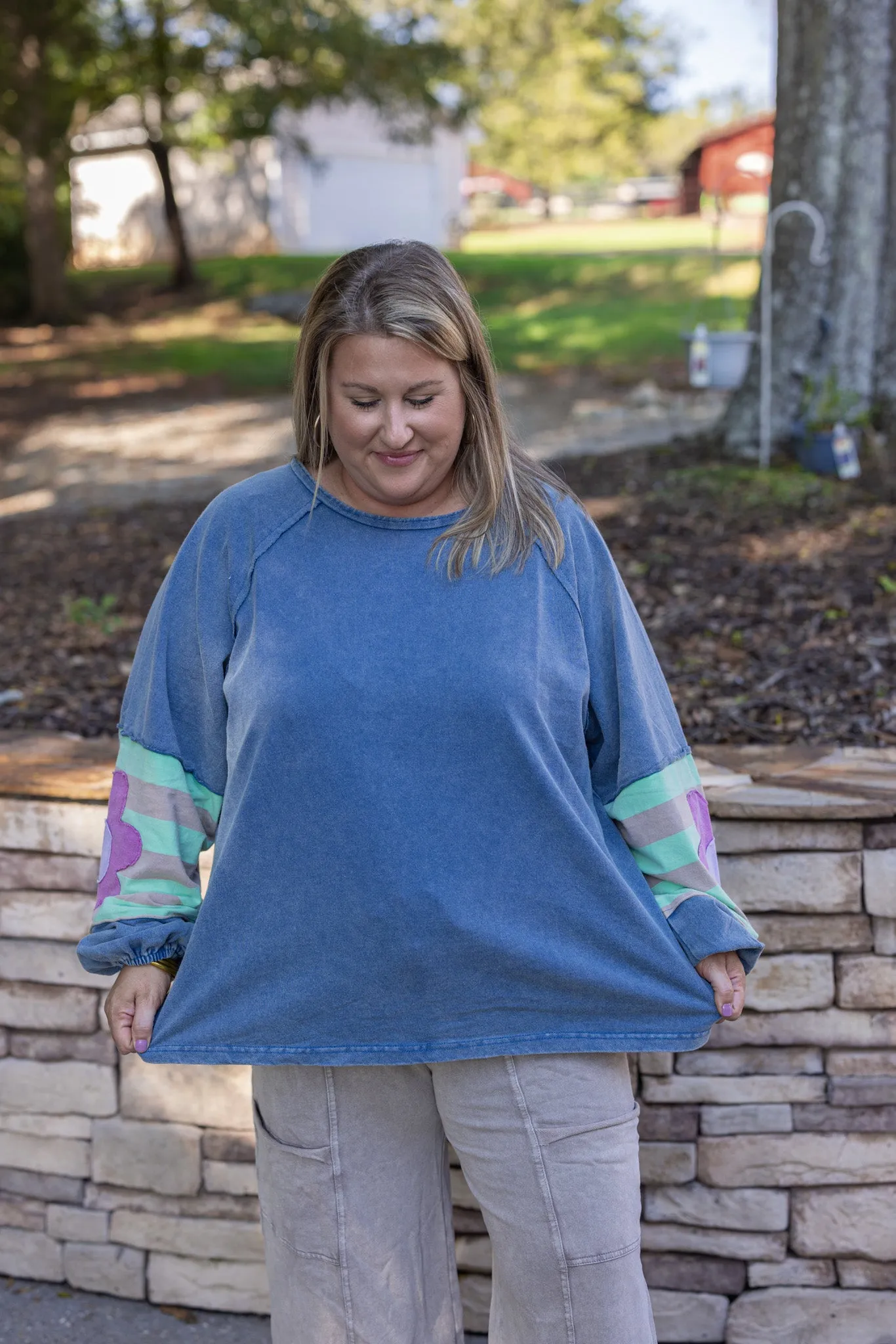 Flower Sleeve Washed Blue Top