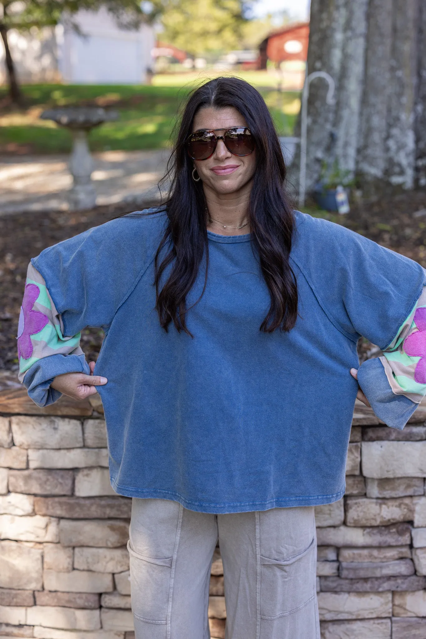 Flower Sleeve Washed Blue Top