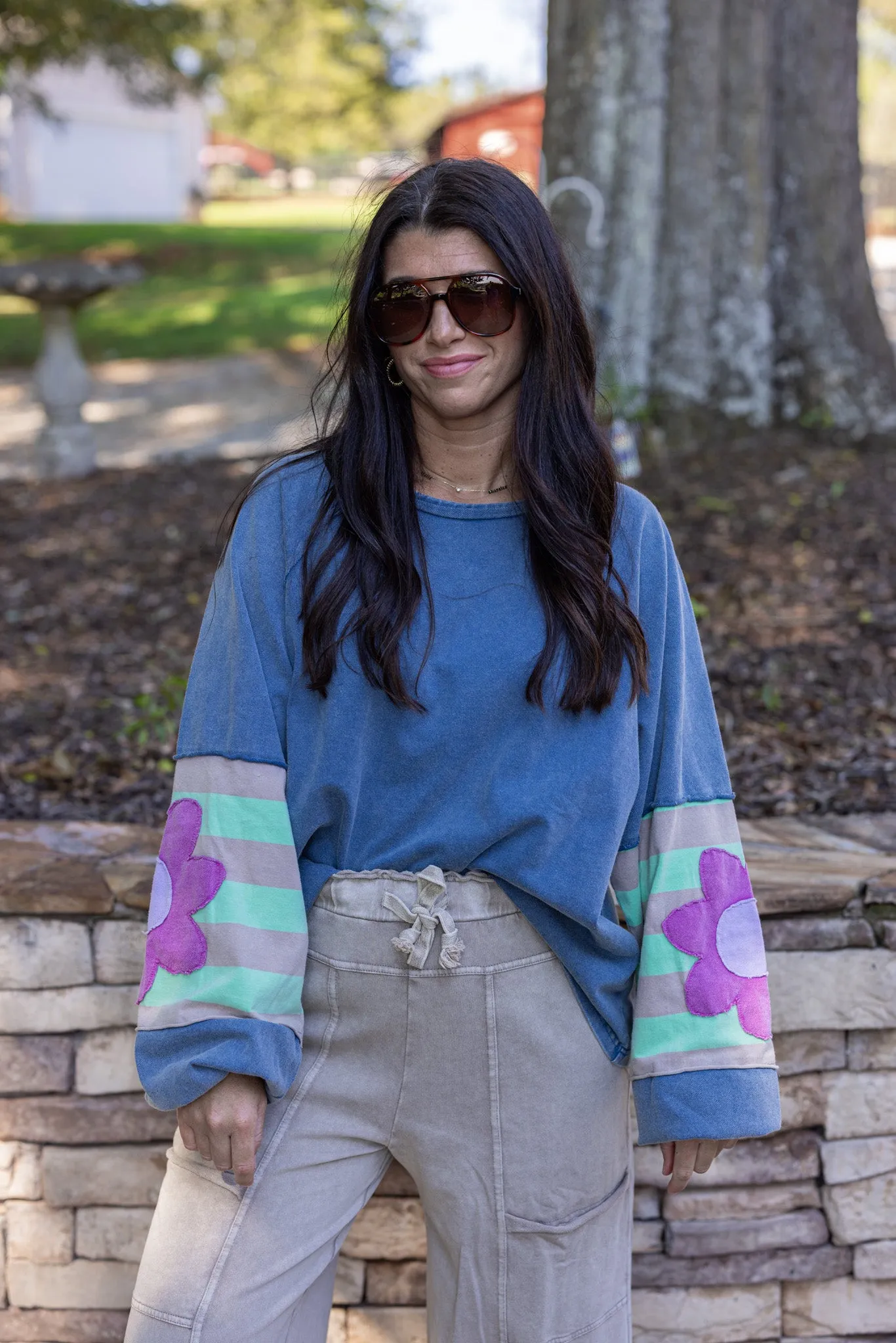 Flower Sleeve Washed Blue Top