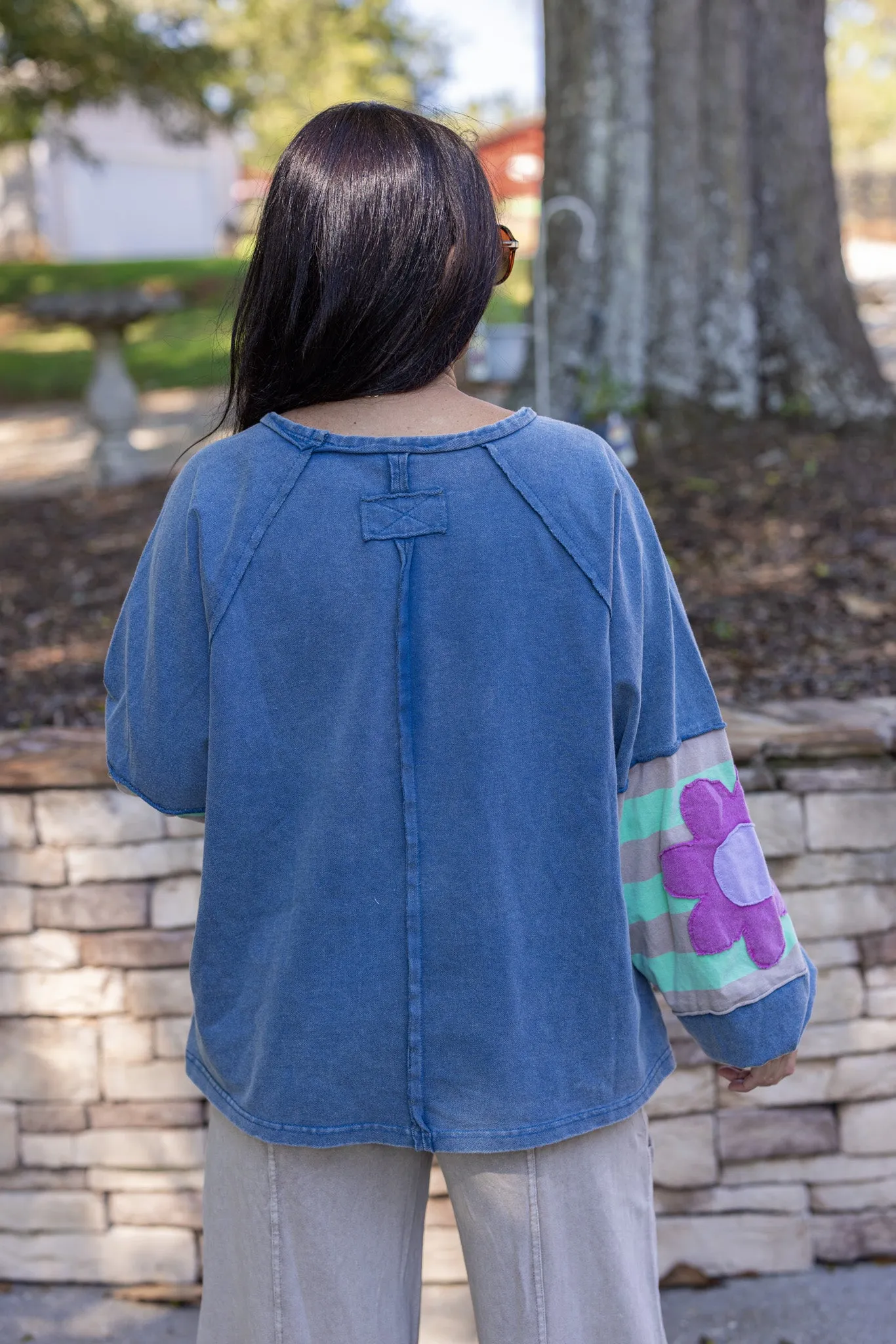 Flower Sleeve Washed Blue Top