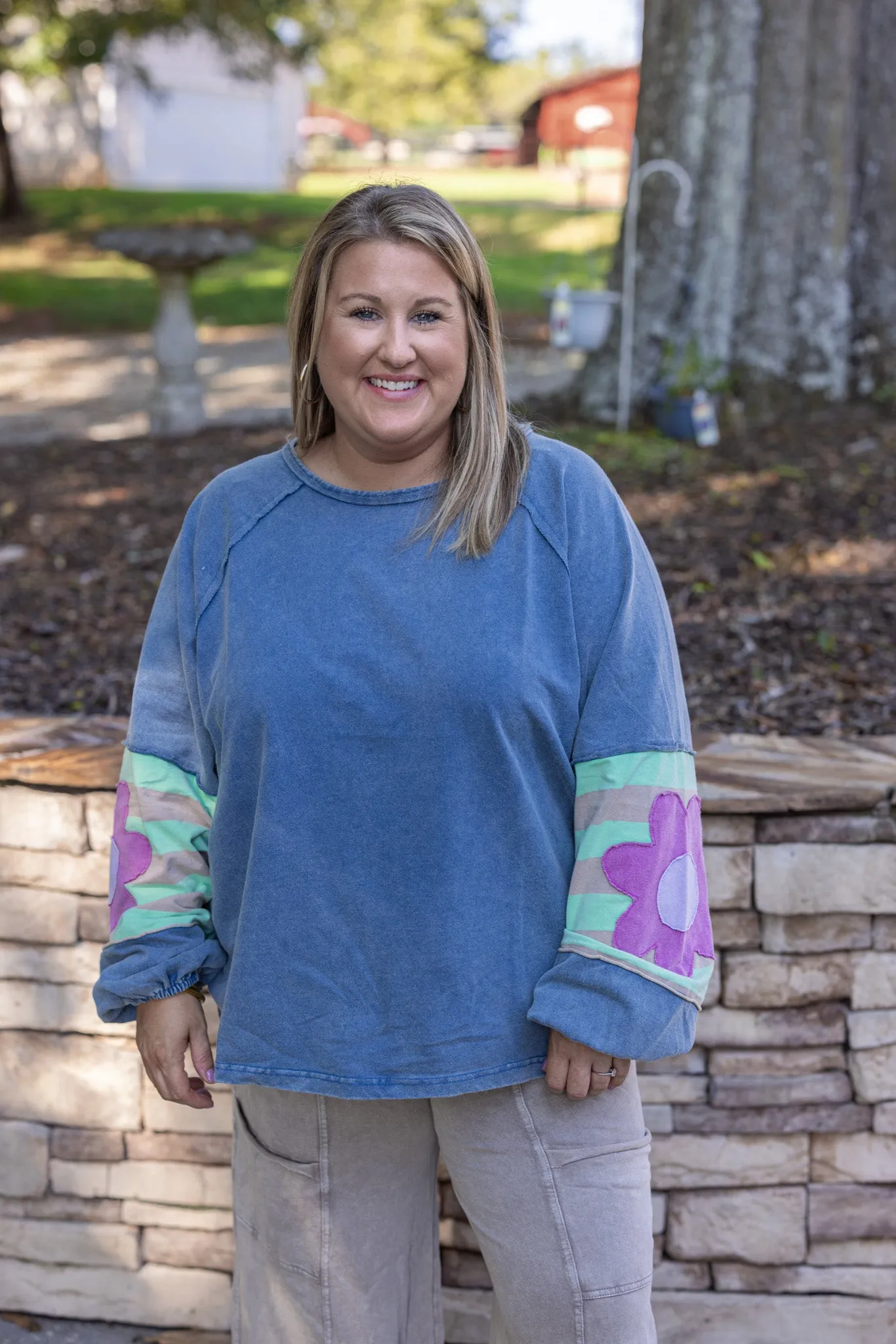 Flower Sleeve Washed Blue Top