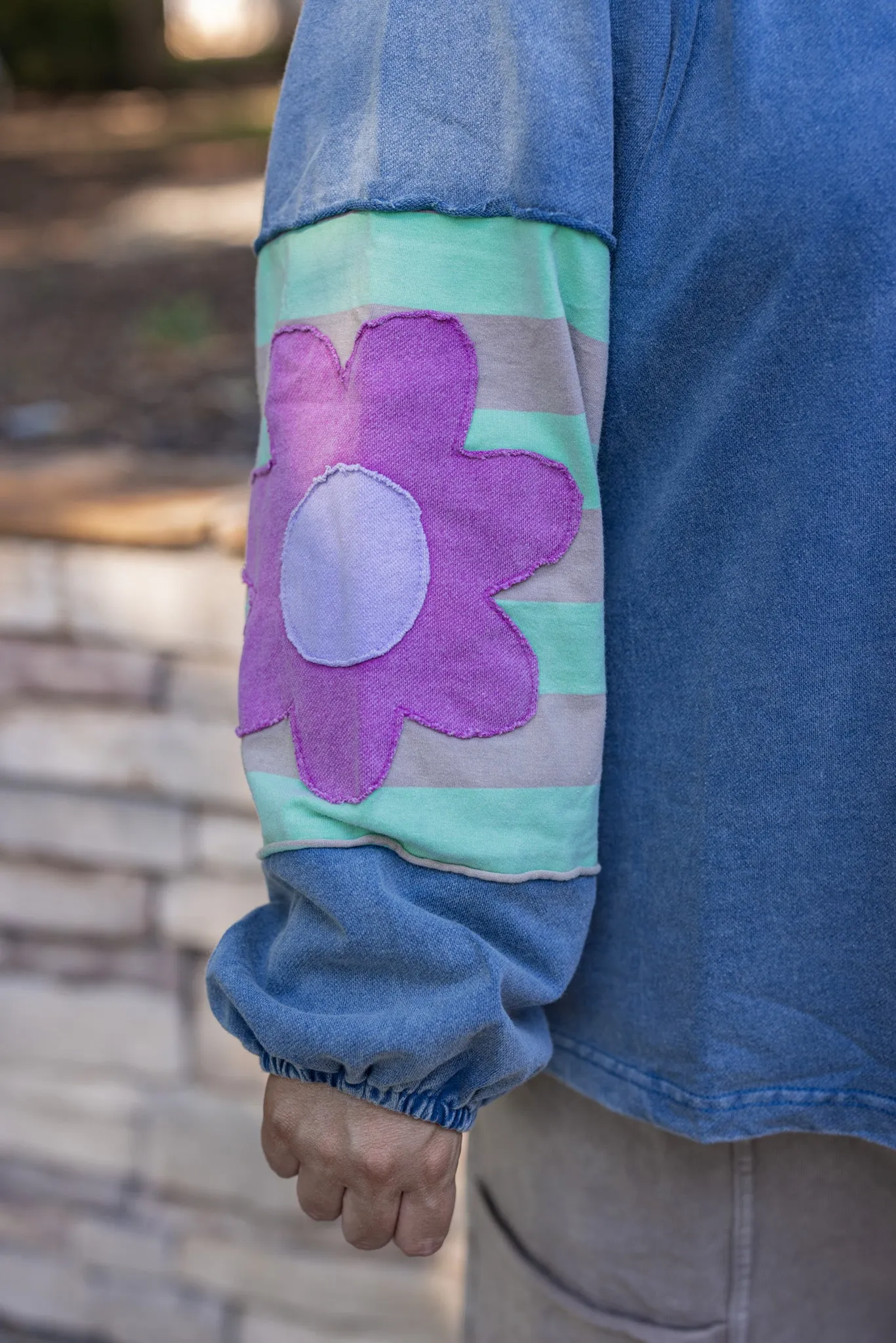 Flower Sleeve Washed Blue Top