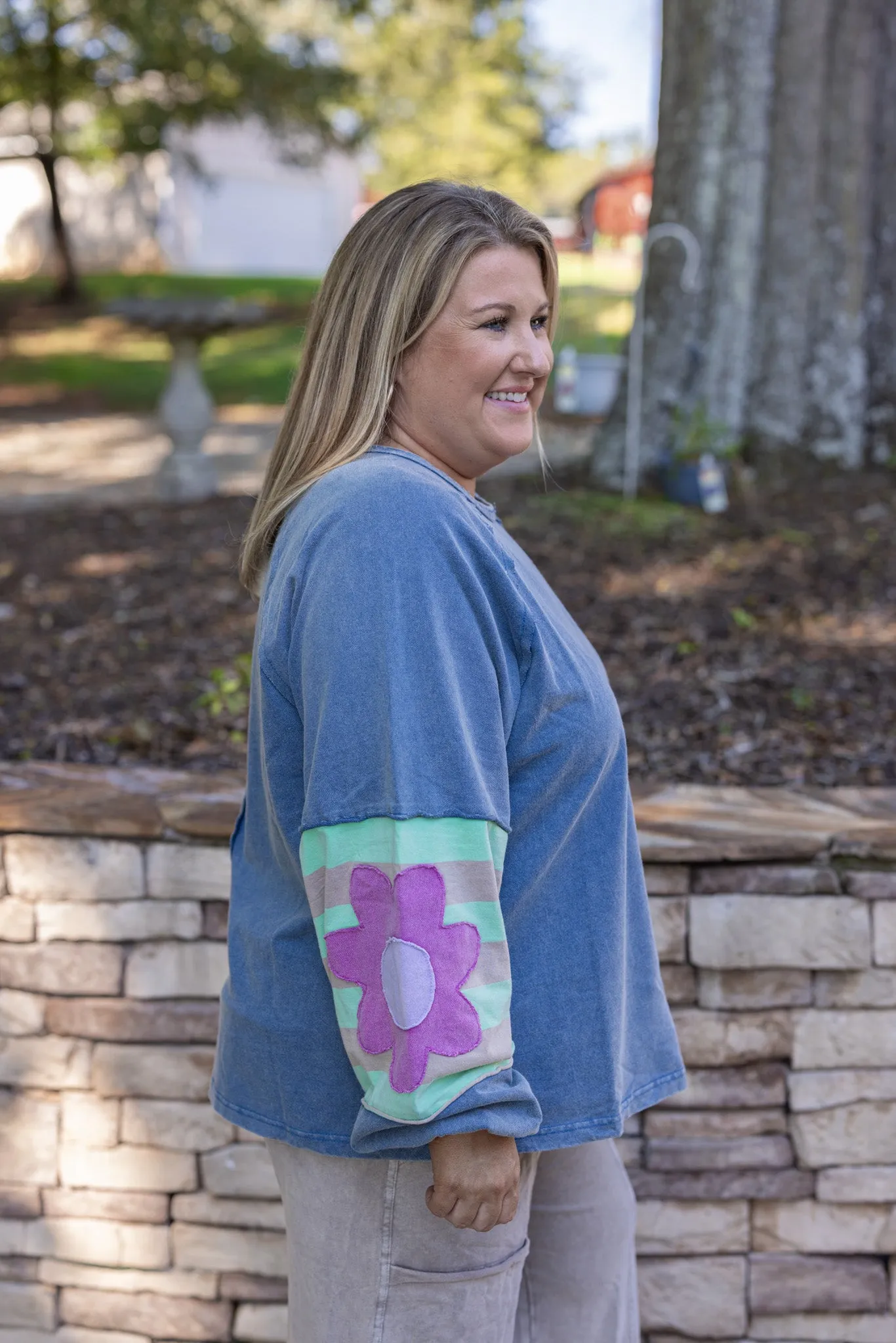 Flower Sleeve Washed Blue Top