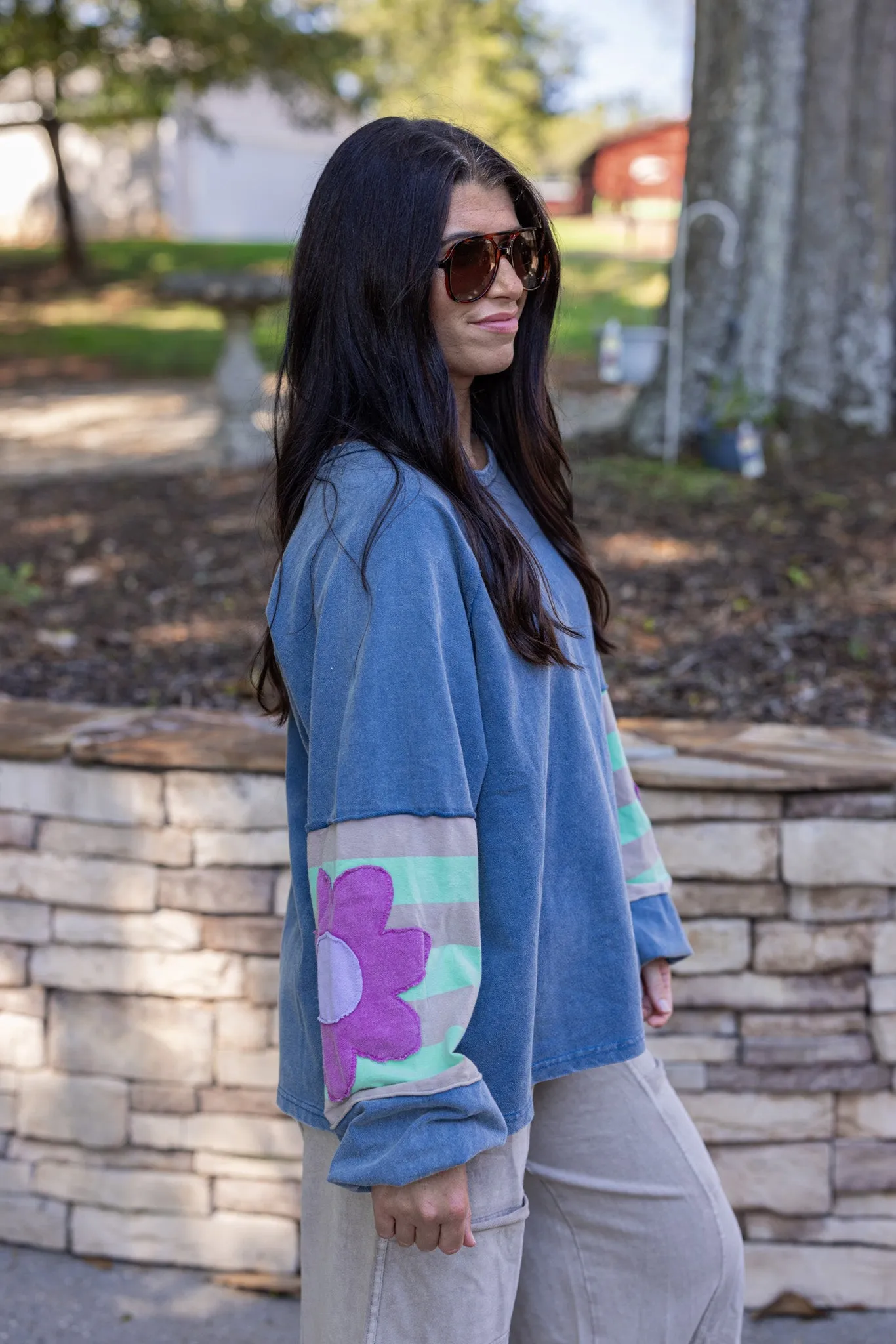 Flower Sleeve Washed Blue Top