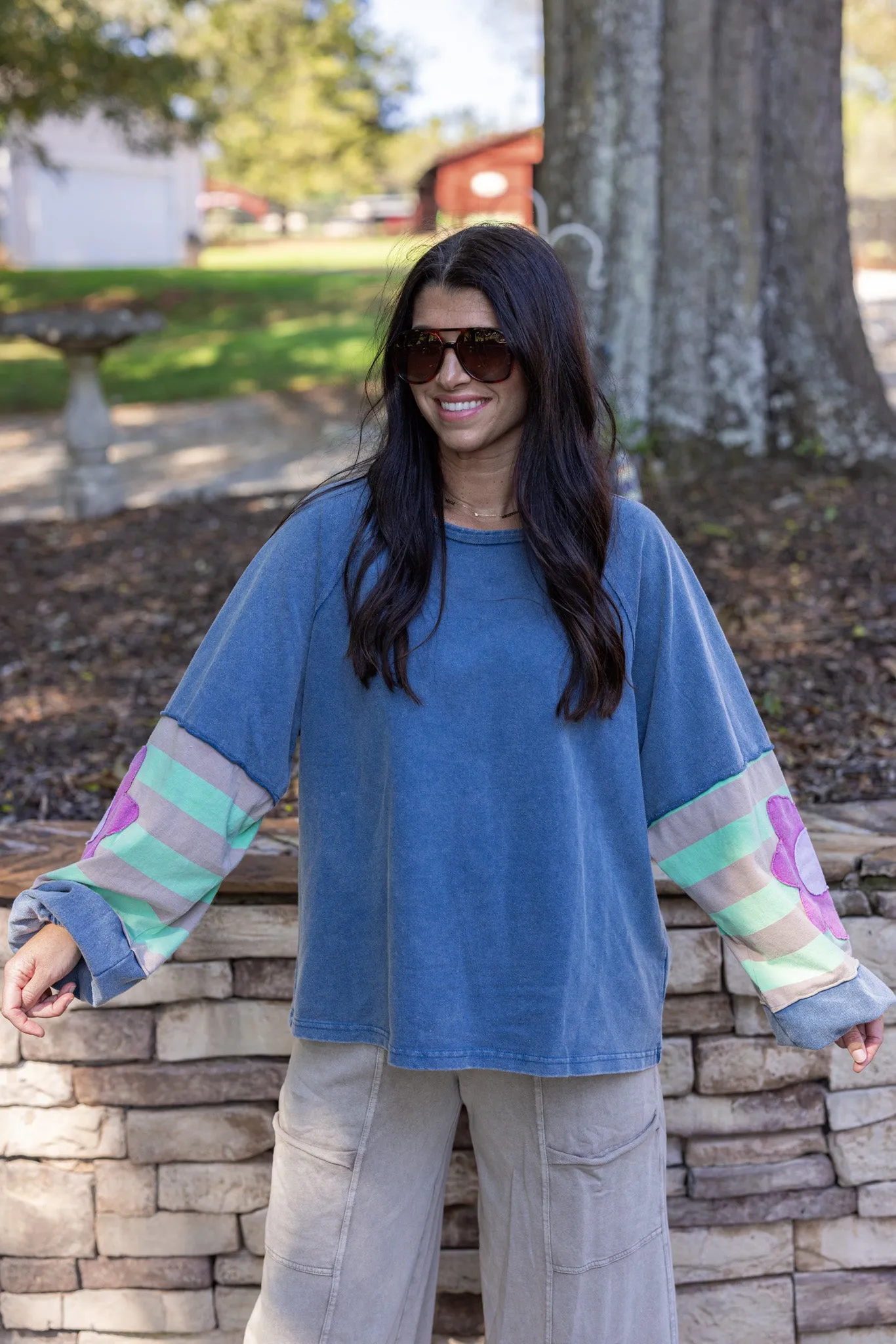 Flower Sleeve Washed Blue Top