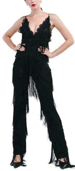 Fringed Halter Jumpsuit in Black