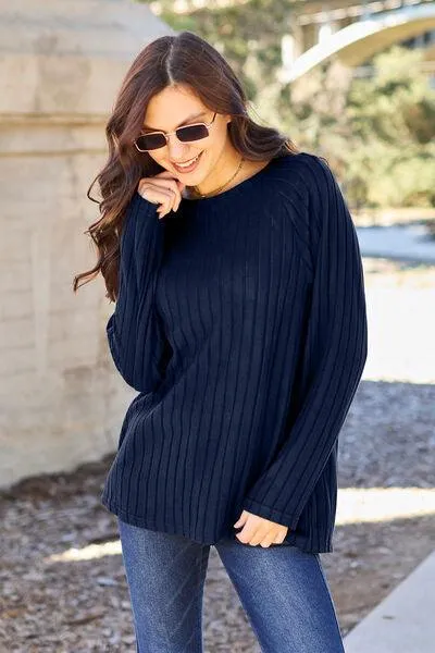 Full Size Ribbed Round Neck Knit Top