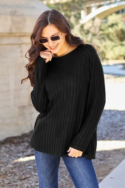 Full Size Ribbed Round Neck Knit Top