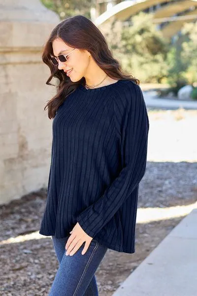 Full Size Ribbed Round Neck Knit Top