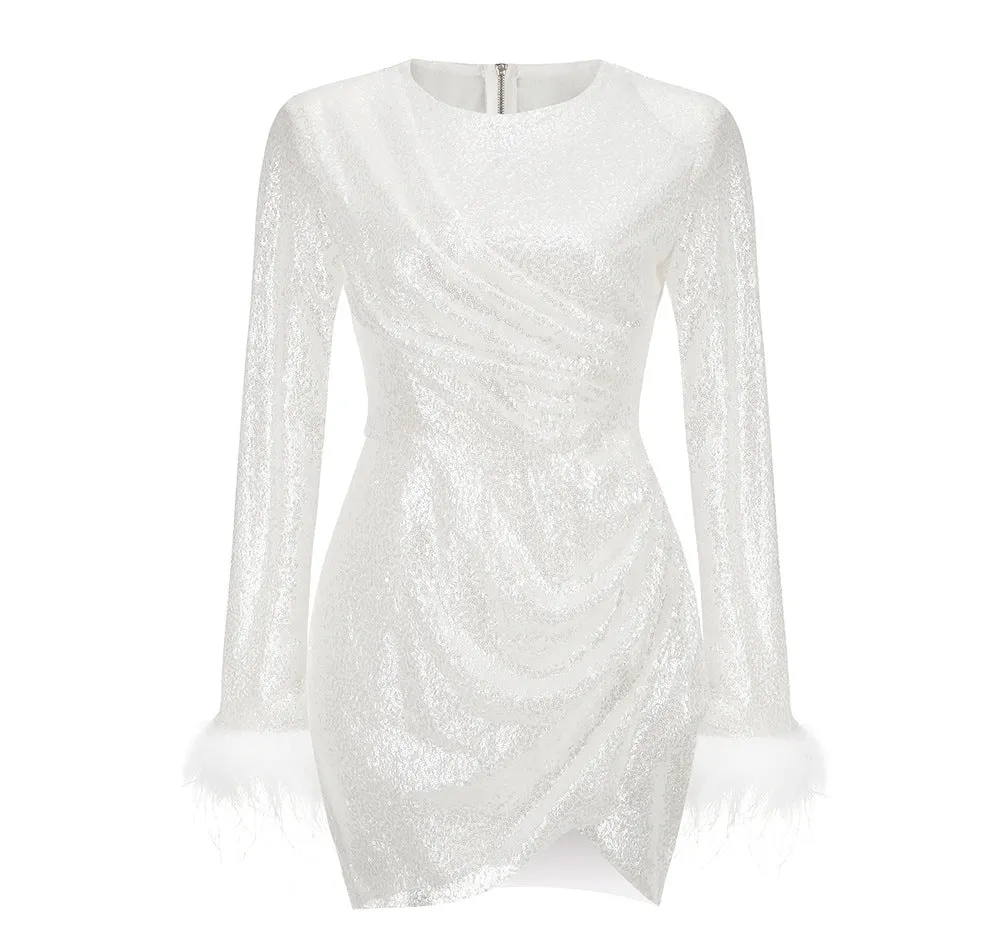 Fuzzy Cuff Wrap Hem Sequin Dress