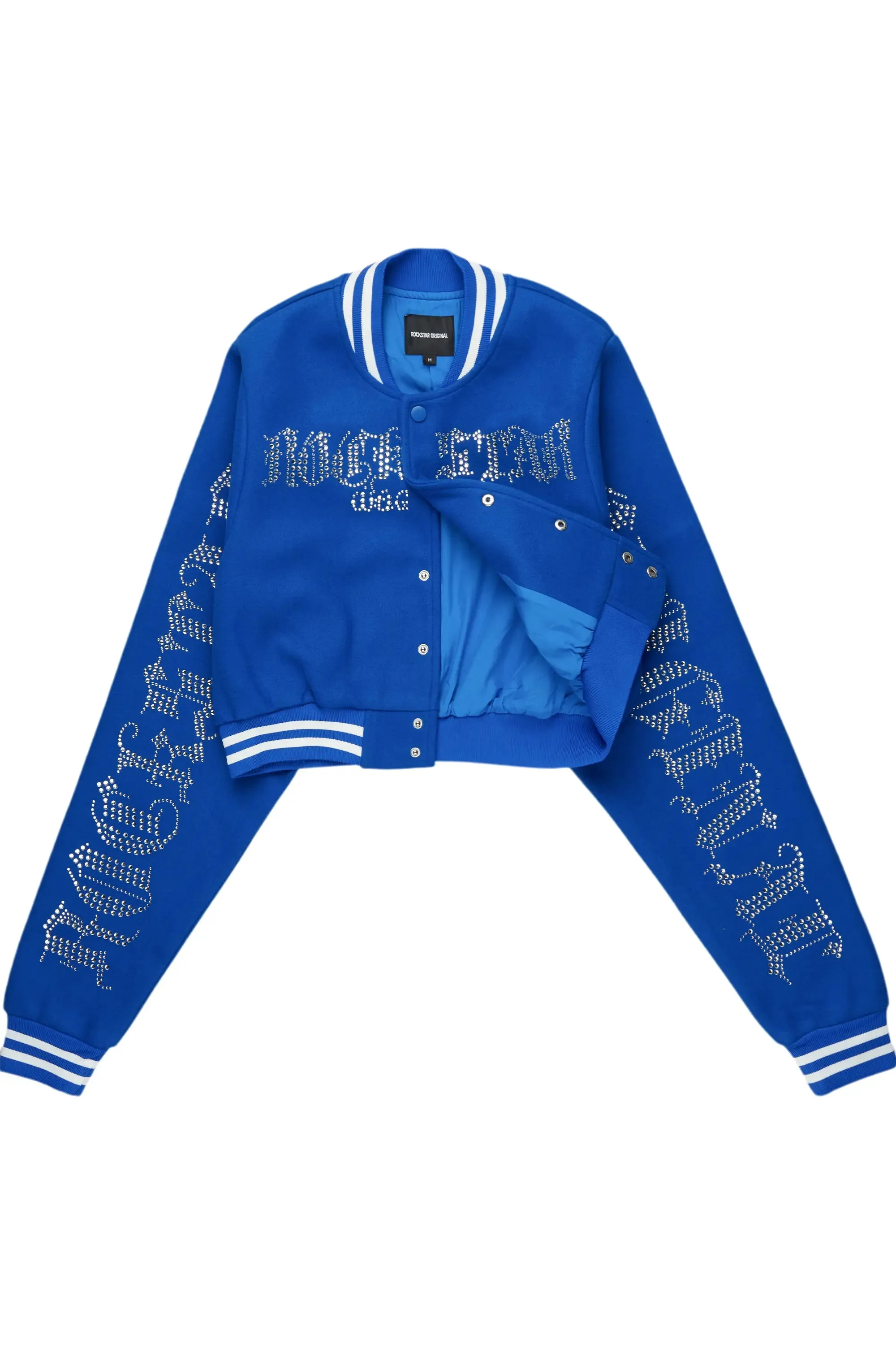 Gianni Royal Blue Crop Rhinestone Varsity Jacket