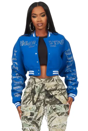 Gianni Royal Blue Crop Rhinestone Varsity Jacket