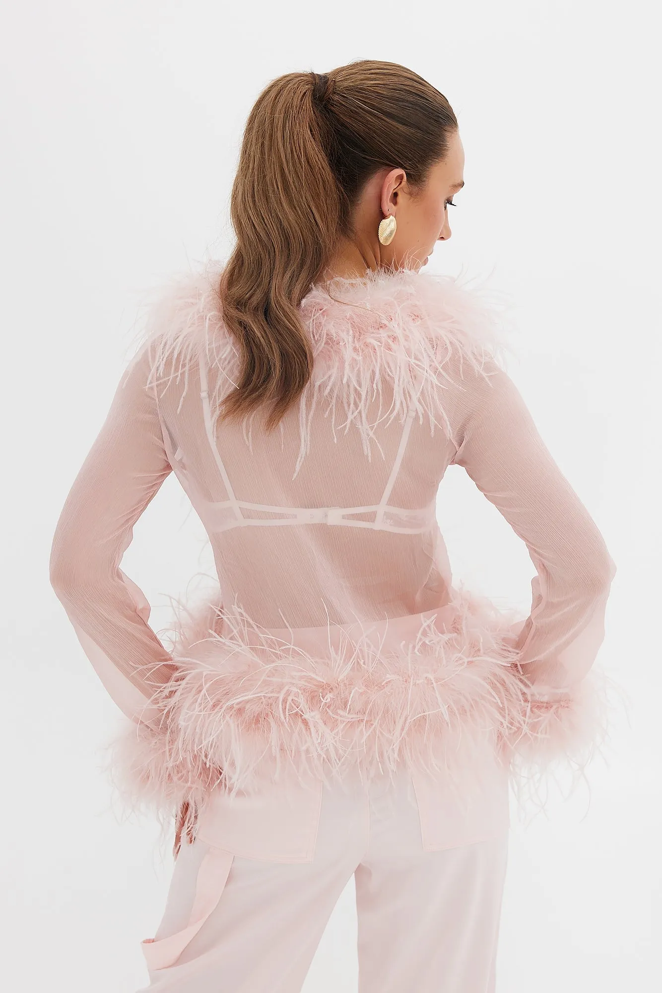 Gigi Sheer Feather Blouse - Blush