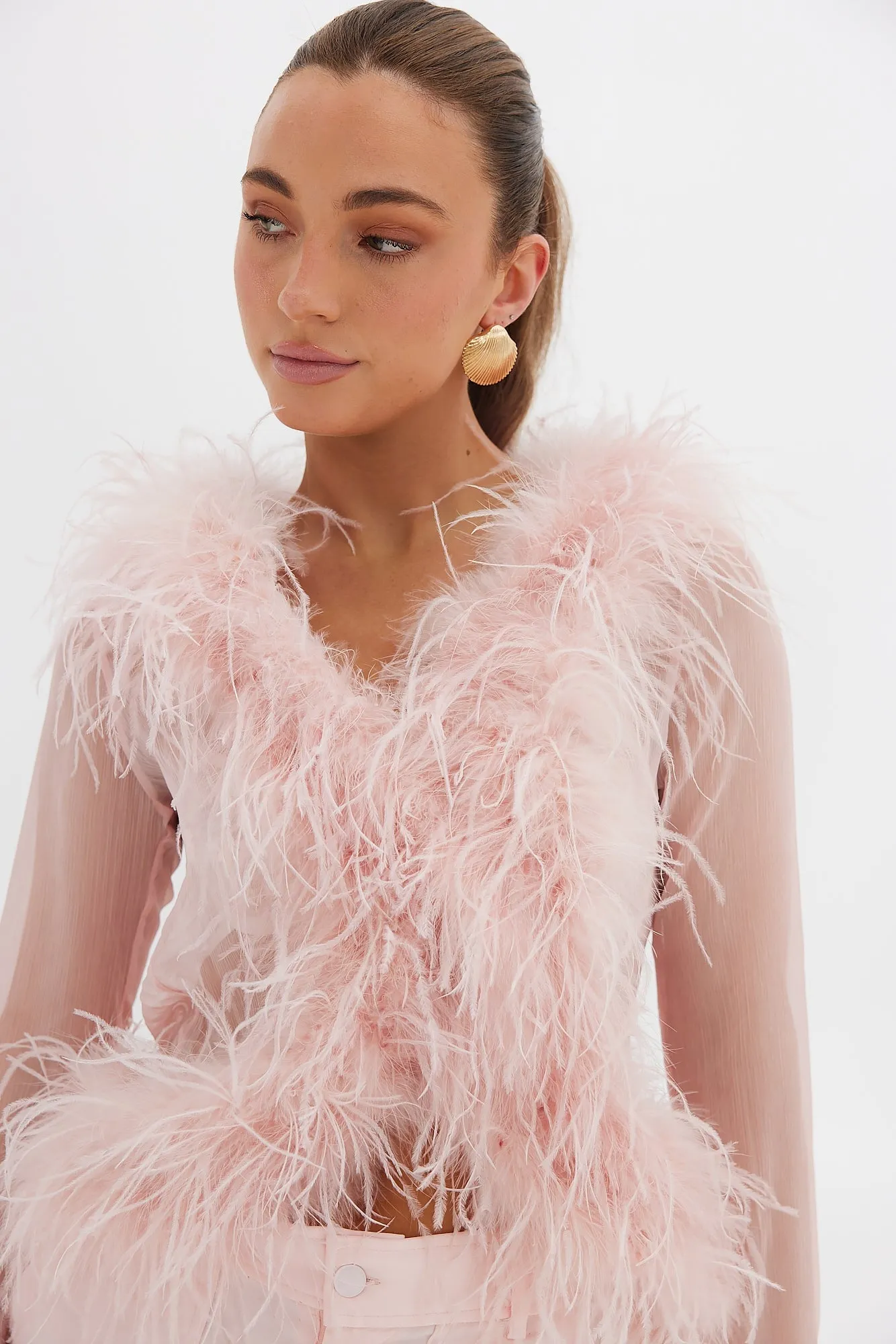 Gigi Sheer Feather Blouse - Blush