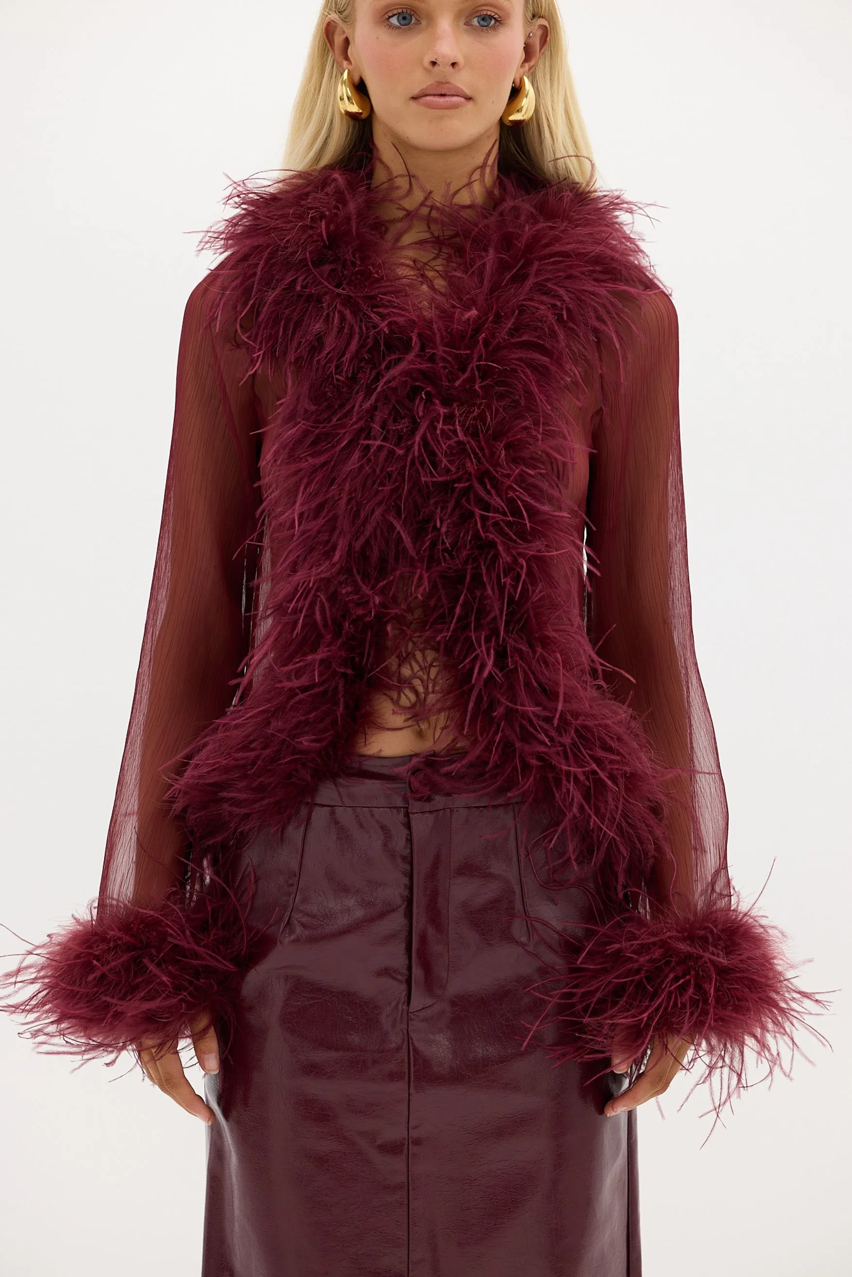 Gigi Sheer Feather Blouse - Cherry